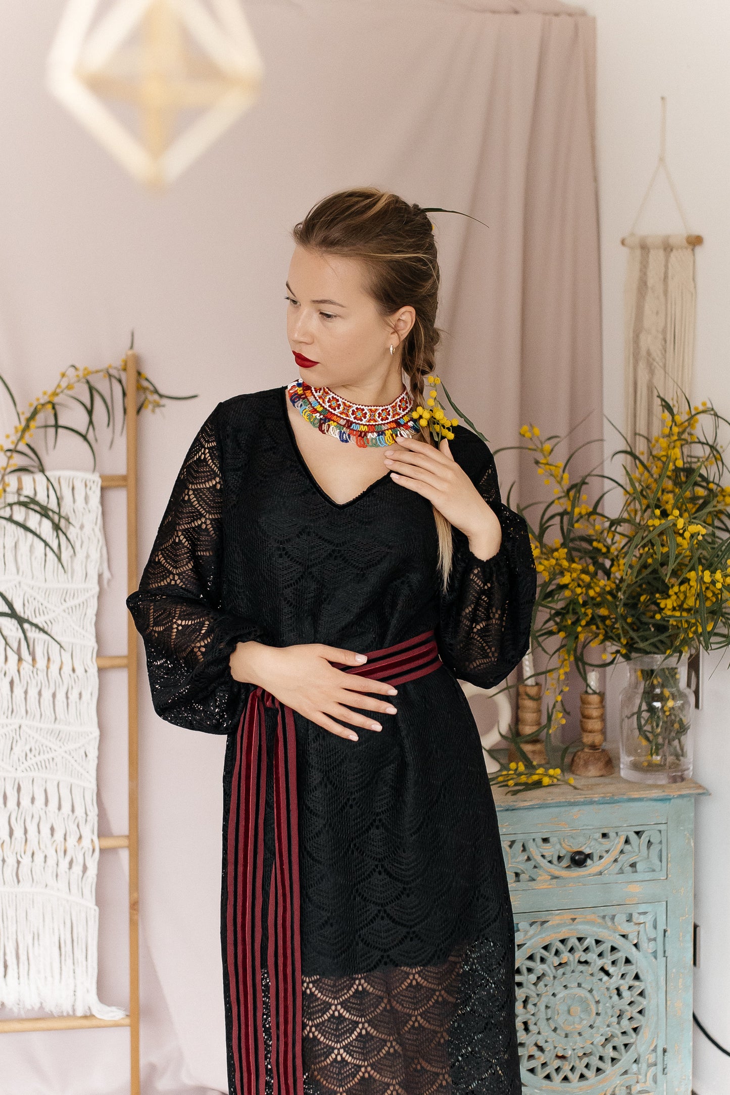Black Maxi Dress “Lybid” in Textured Lace Fabric