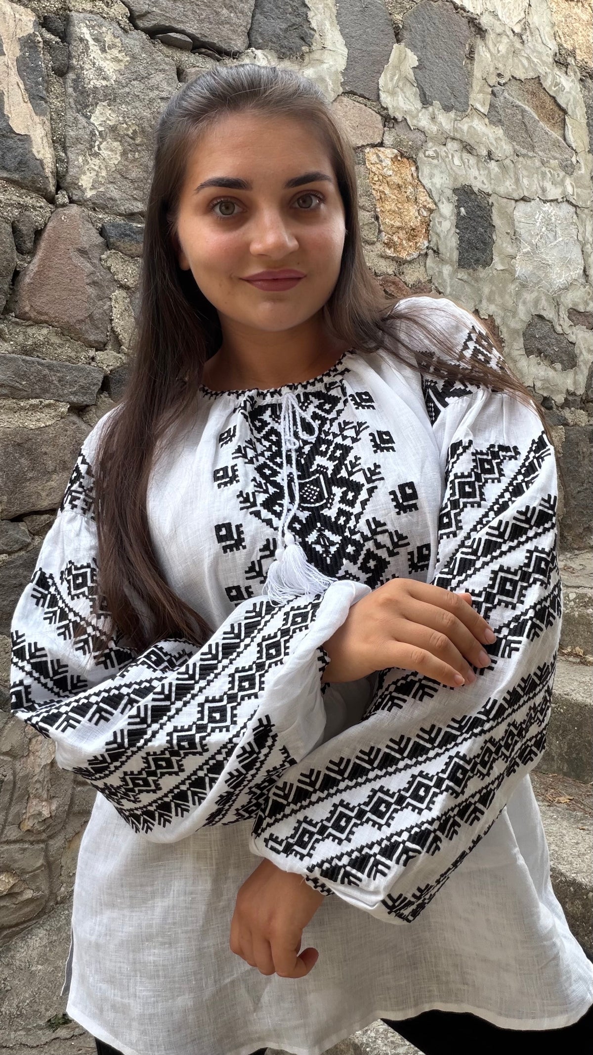 Bazhena Embroidered Linen Blouse — Black Geometric Embroidery