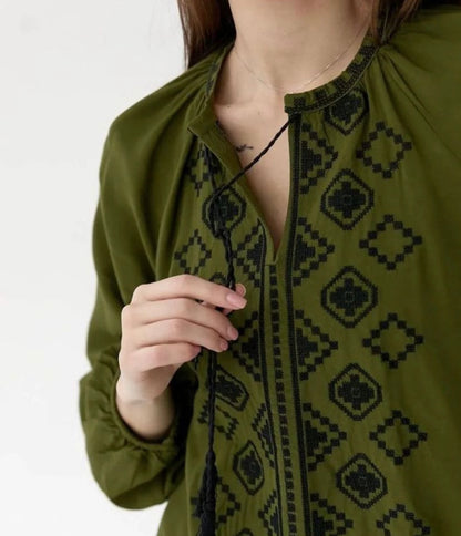 Myroslava Khaki Blouse with Black Geometric Embroidery