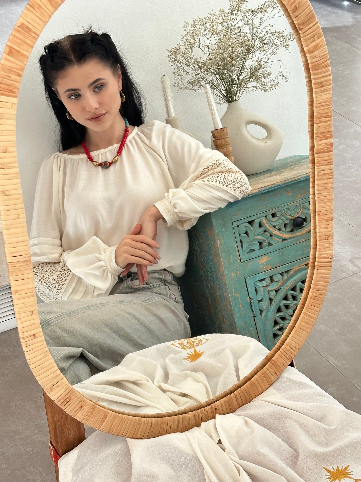 Merezhka Linen & Viscose Women’s Blouse with Lace Sleeves | Modern Ethnic Style