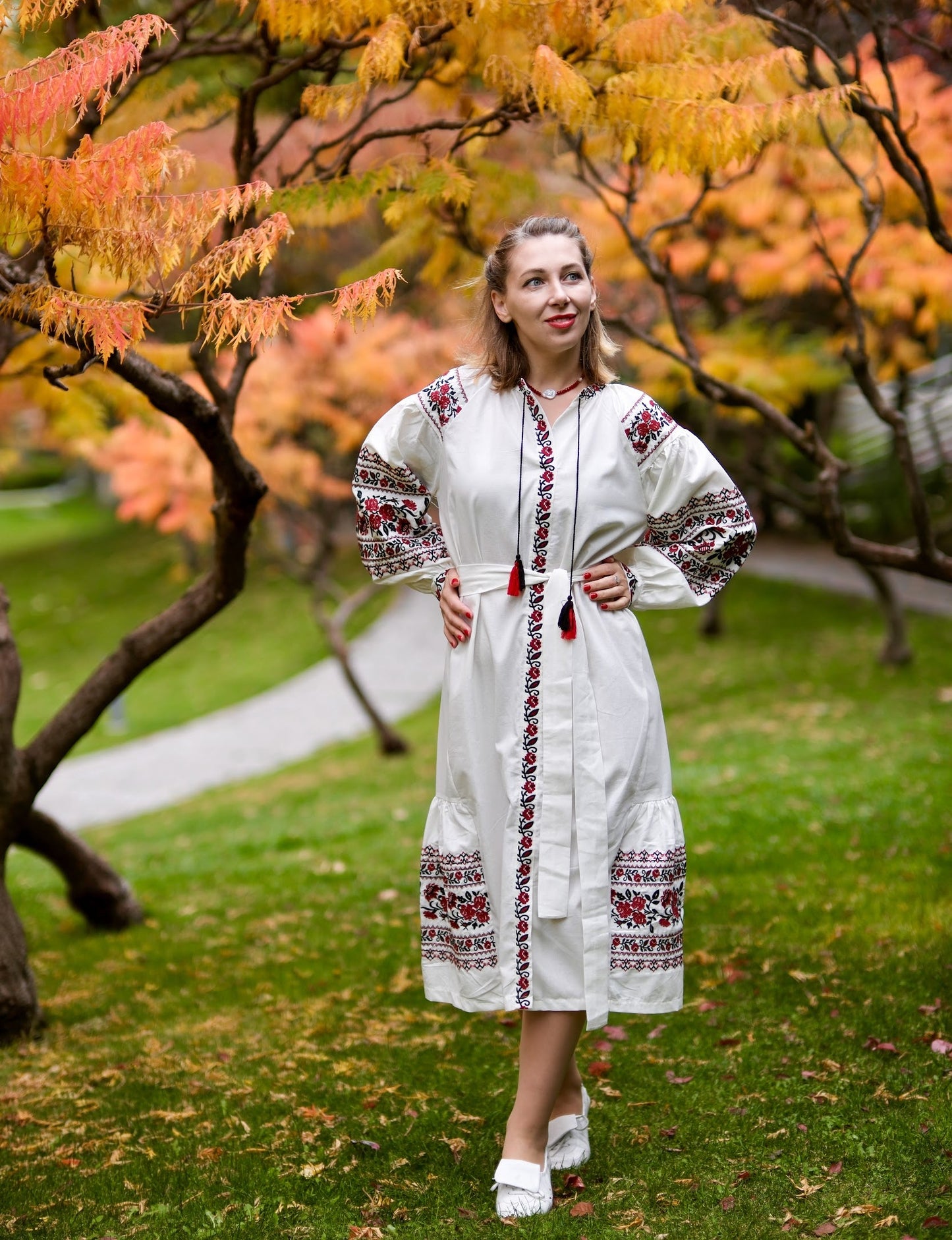 Troyanda Embroidered Linen Cotton Midi Dress – Ukrainian Floral Vyshyvanka