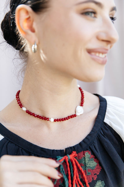 Rubina – Red Crystal Choker with Baroque Pearl | Elegant Minimalist Necklace