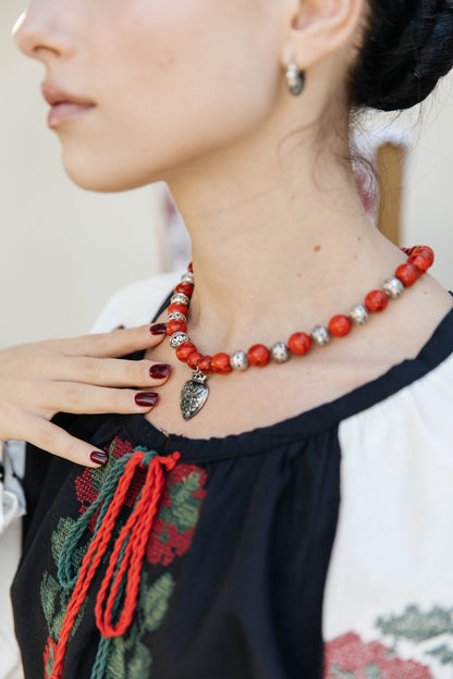 Heart of Heritage – Red Howlite Beaded Necklace with Silver Dukach Pendant | Goya Concept Jewelry