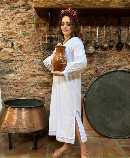 Boho White Ethnic Dress | Lace Trim Long Sleeve Cotton Dress Lileya