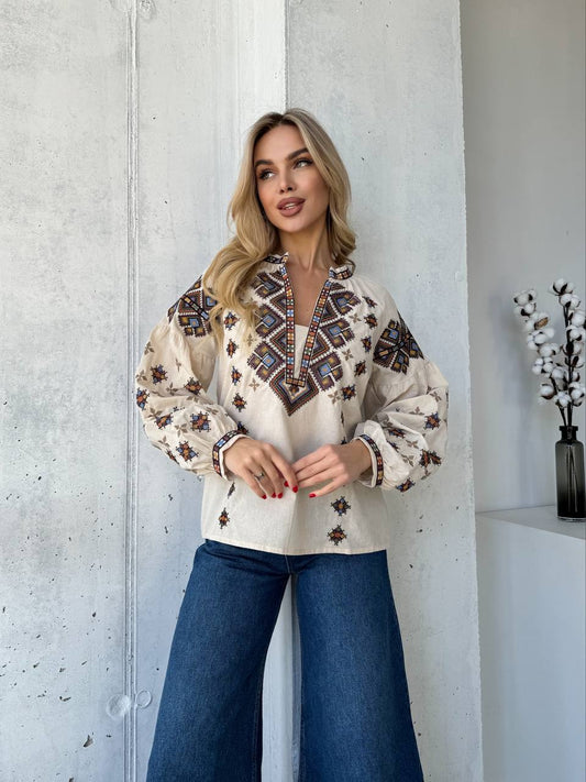“Melania” Beige Vyshyvanka – Plus Size Ukrainian Embroidered Blouse in Linen-Cotton Blend