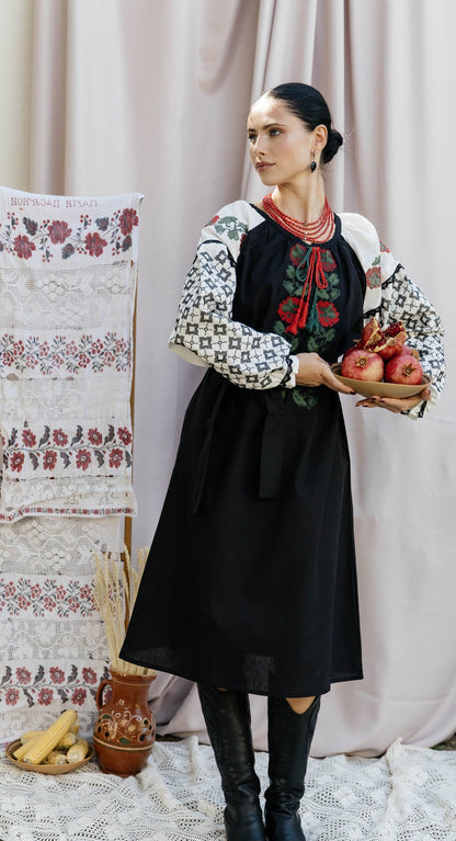 Chorna Ruzha Black Embroidered Midi Dress with Roses