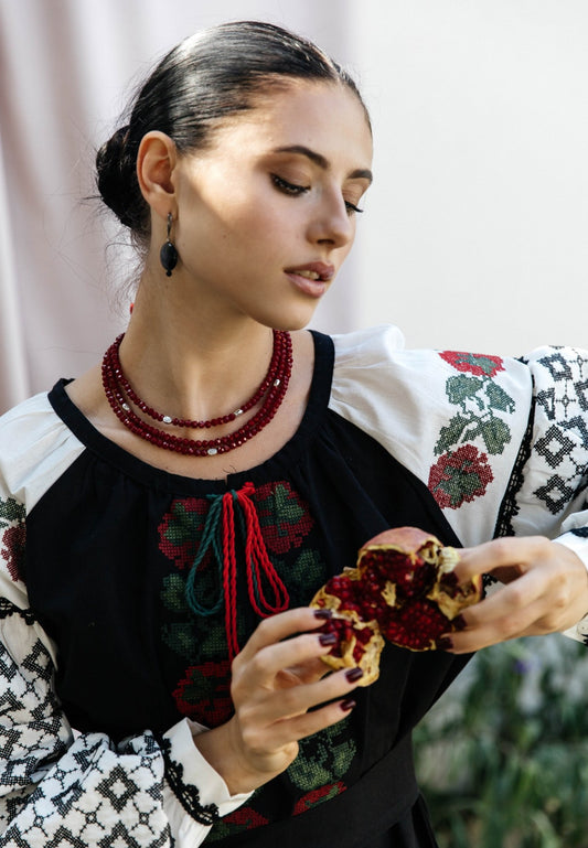 Garnet Symphony Necklace – Three-Strand Deep Red Crystal Bead Necklace | Ethnic Jewelry by Goya Concept