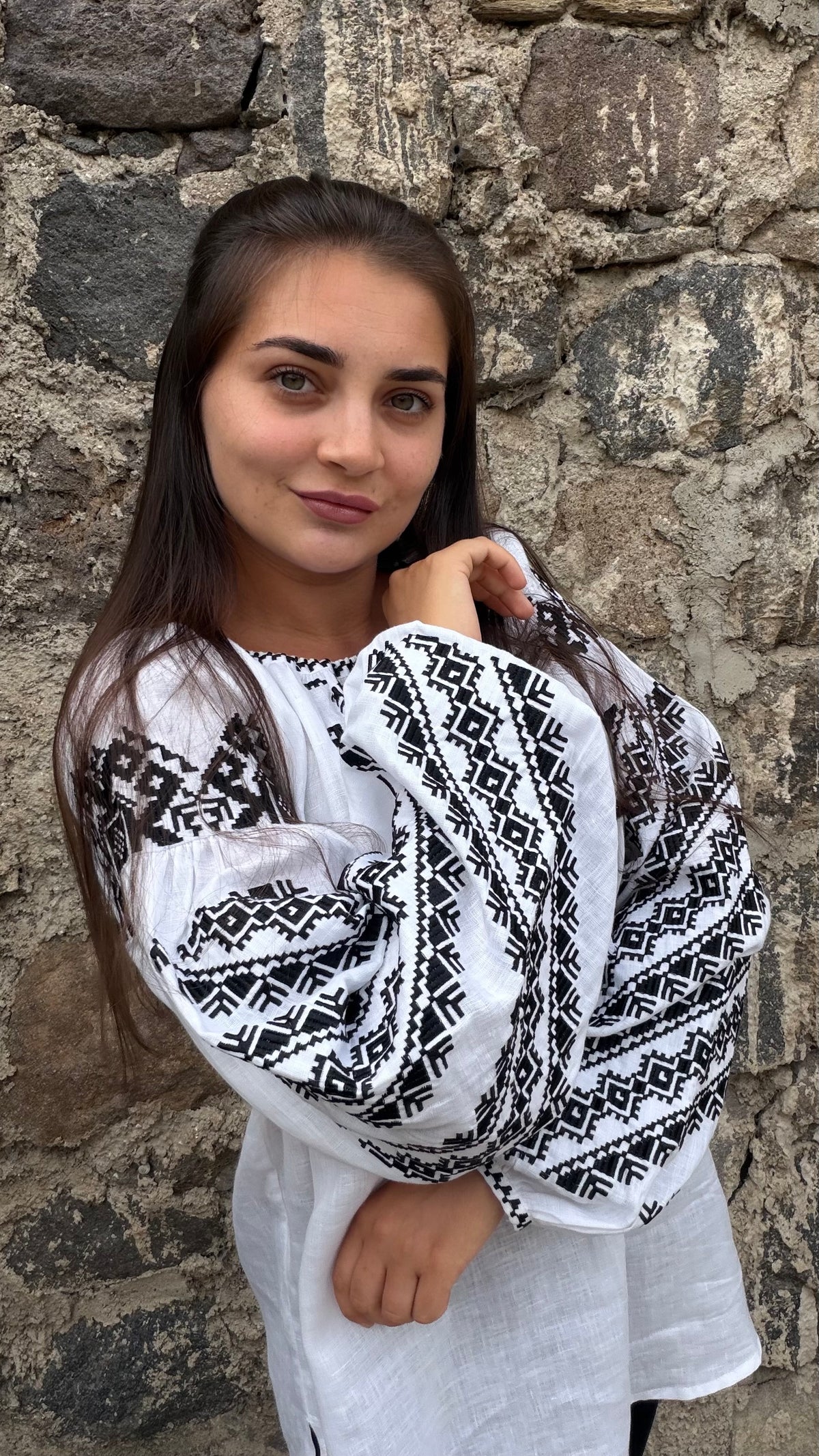 Bazhena Embroidered Linen Blouse — Black Geometric Embroidery