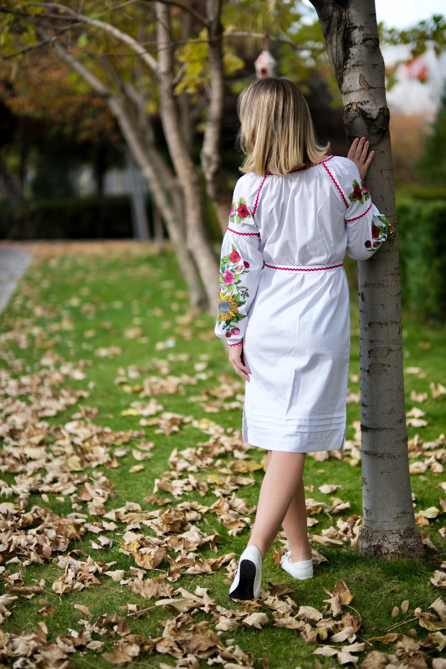 Svitlana – White Embroidered Dress with Sunflowers & Red Floral Sleeves | Ukrainian Cotton Dress