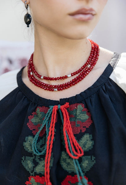 Garnet Symphony Necklace – Three-Strand Deep Red Crystal Bead Necklace | Ethnic Jewelry by Goya Concept