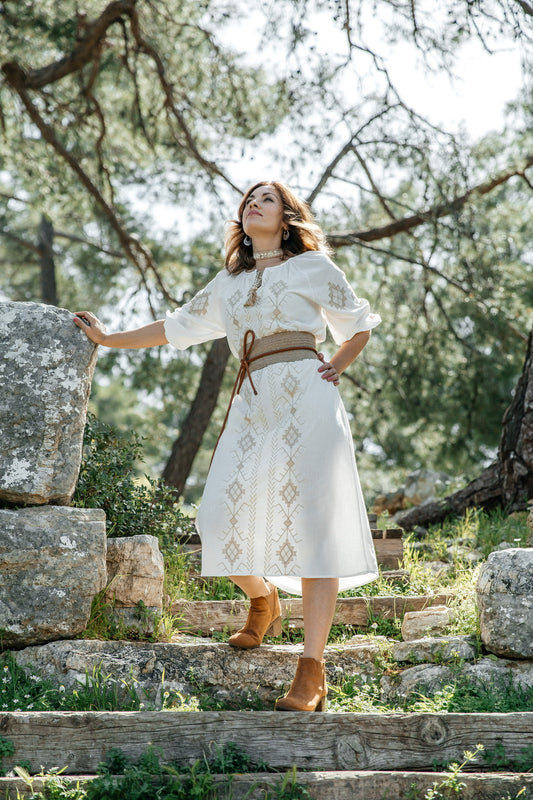 Linen Dress “Kupava” | Embroidered Midi Ethno Dress | Linen Dress for Everyday & Special Occasions