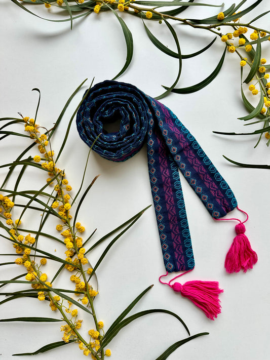 Blue Zorianytsia Woven Sash with Geometric Pattern and Pink Tassels