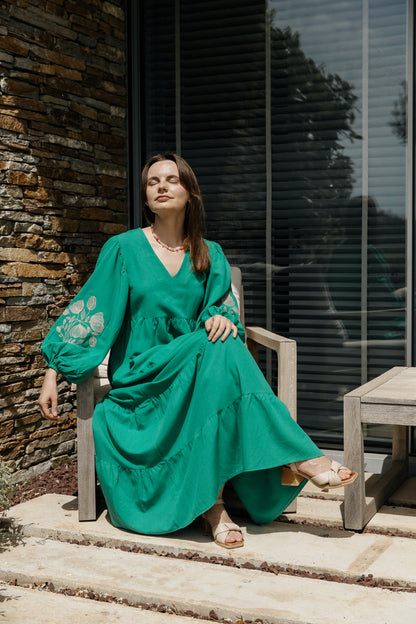 Flora Emerald Dress — embroidered oversized silhouette dress