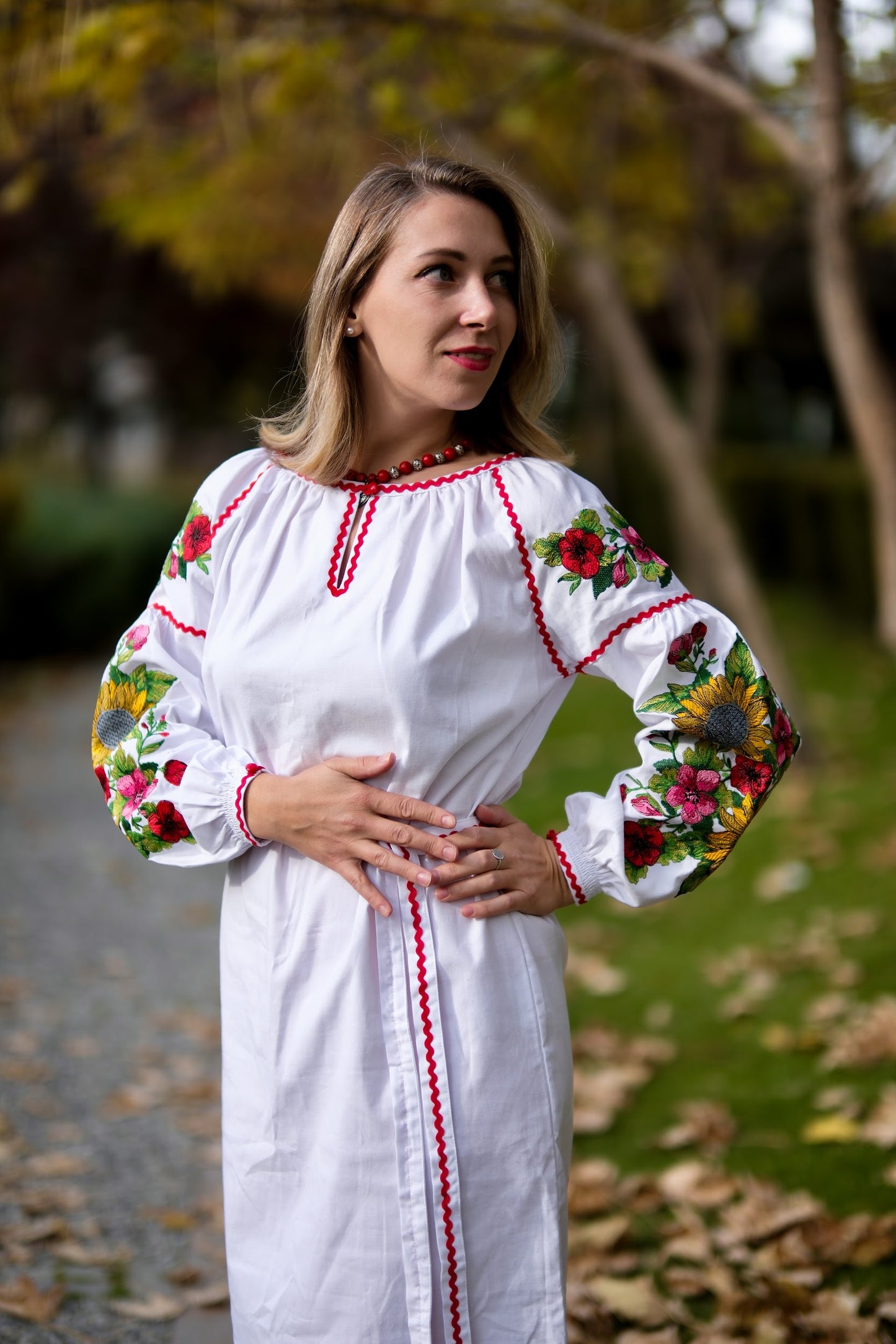 Svitlana – White Embroidered Dress with Sunflowers & Red Floral Sleeves | Ukrainian Cotton Dress