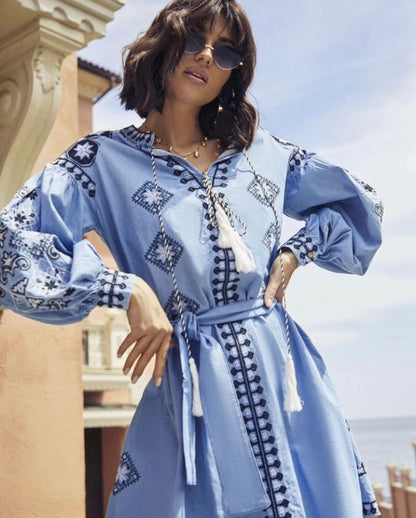 Blue Denim Dress with Dark Blue Embroidery