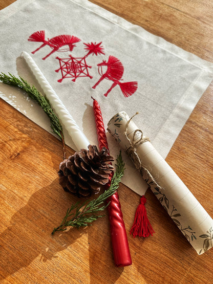 Christmas Horses Table Runner | Red Cotton Embroidery Napkin