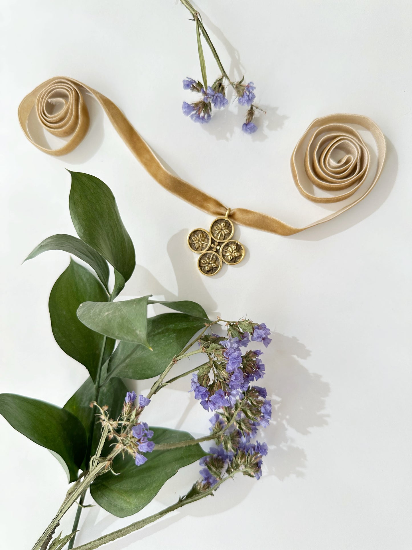 Zgarda “Hutsul Flower” – Brass Pendant with Blackened Finish on Velvet Ribbon | Ethnic Ukrainian Accessory