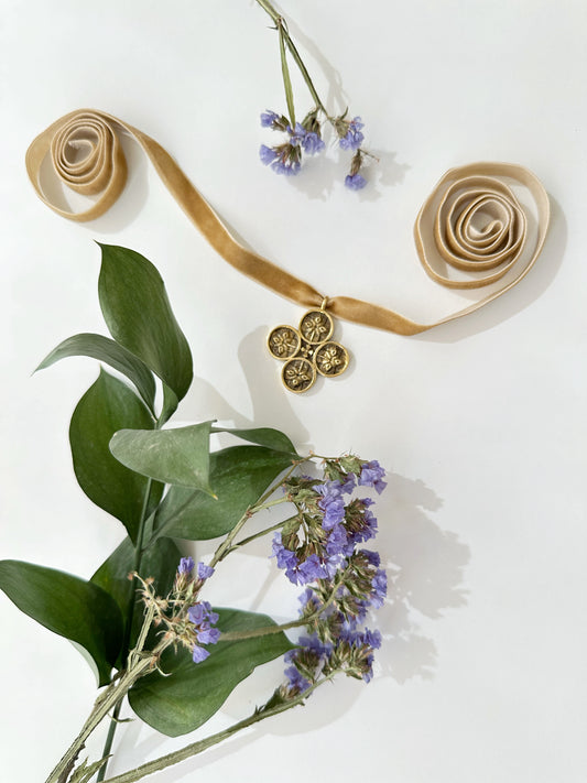 Zgarda “Hutsul Flower” – Brass Pendant with Blackened Finish on Velvet Ribbon | Ethnic Ukrainian Accessory