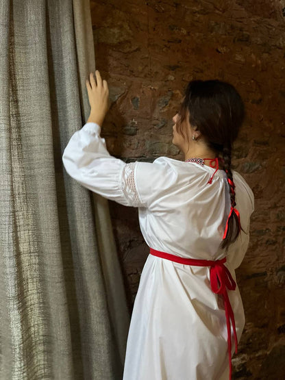 Boho White Ethnic Dress | Lace Trim Long Sleeve Cotton Dress Lileya