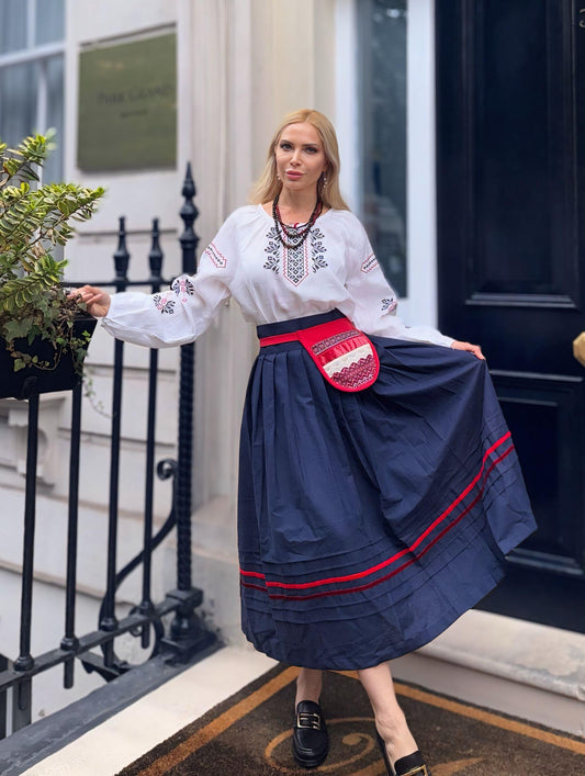 “Halyna” linen cotton midi skirt – navy blue with red velvet stripes