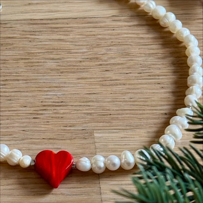 Kiss – Pearl Necklace with Red Ceramic Heart | unique Jewelry