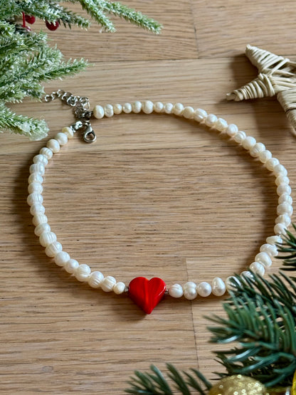 Kiss – Pearl Necklace with Red Ceramic Heart | unique Jewelry