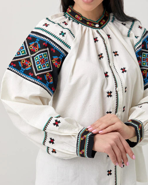 Orysia Button-Up Embroidered Blouse | White Blouse with Black Embroidered Panels | Goya Concept