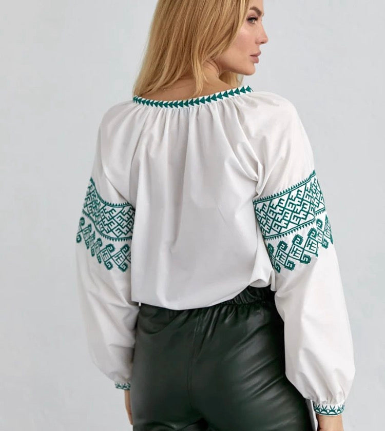Ethno Blouse with Green Embroidery “Podilska”