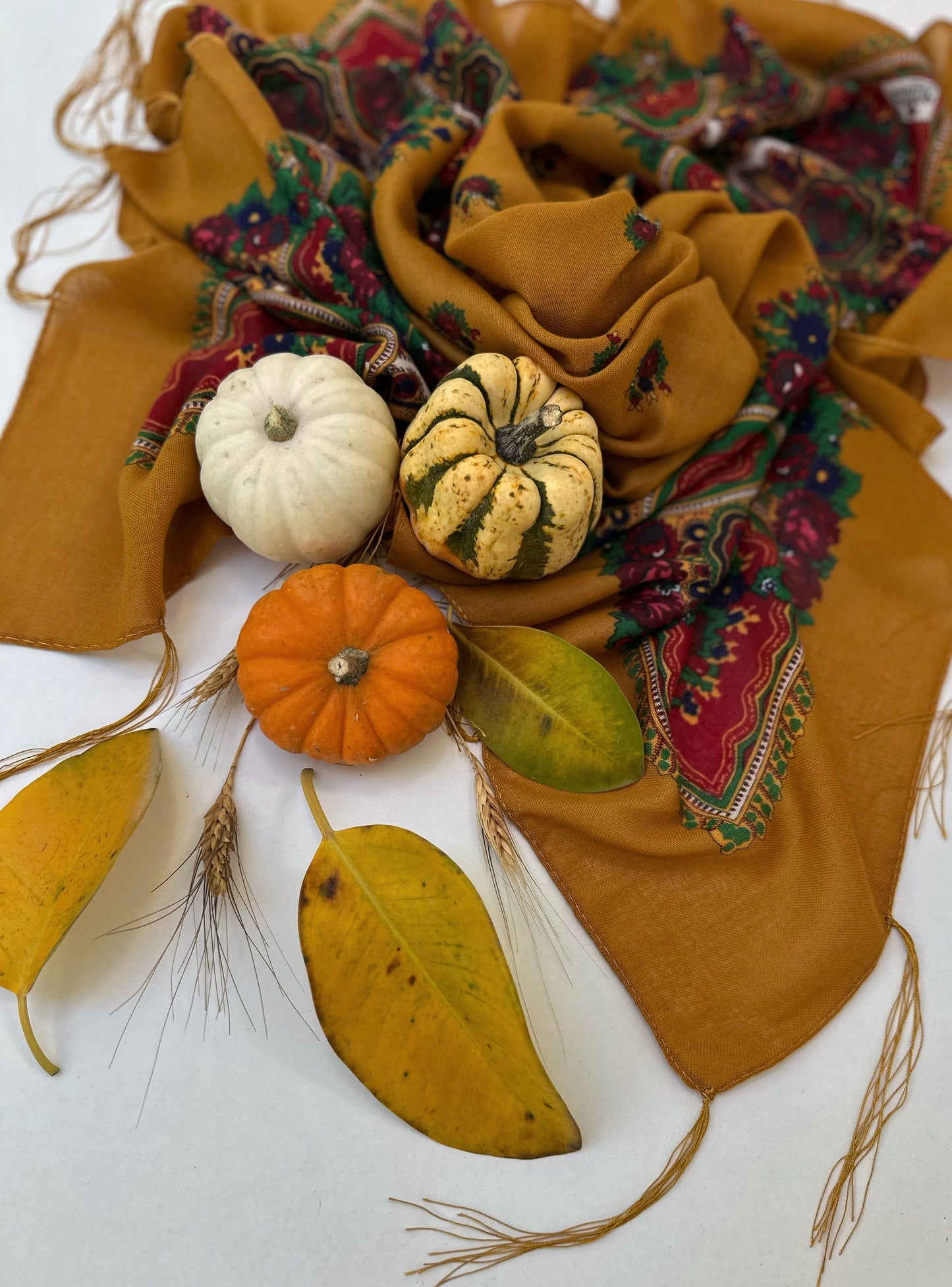 Scarf “Saffron” – Mustard Floral Square Scarf with Fringe 90×90 cm | Goya Concept