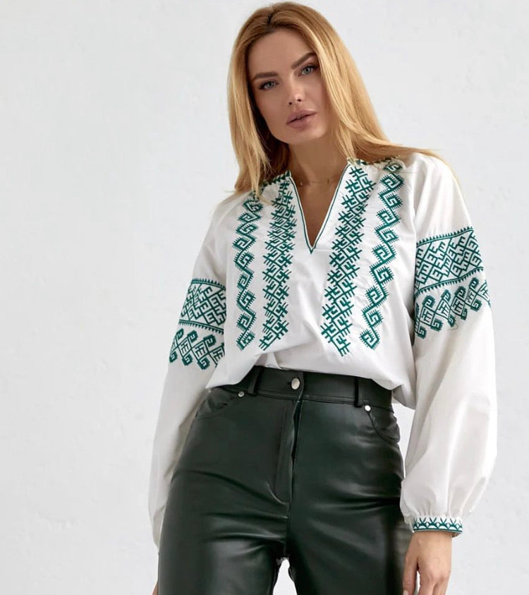 Ethno Blouse with Green Embroidery “Podilska”