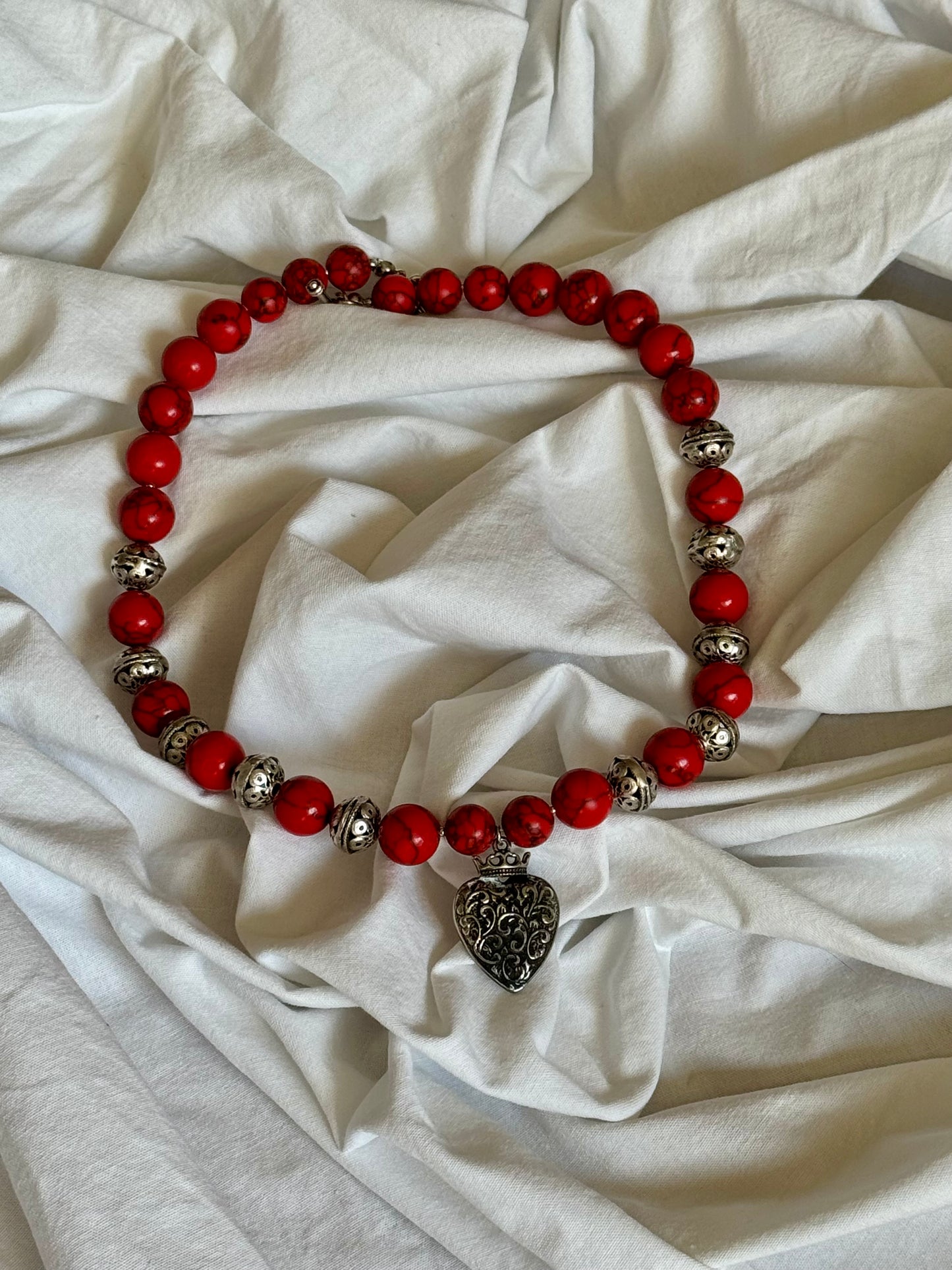 Heart of Heritage – Red Howlite Beaded Necklace with Silver Dukach Pendant | Goya Concept Jewelry