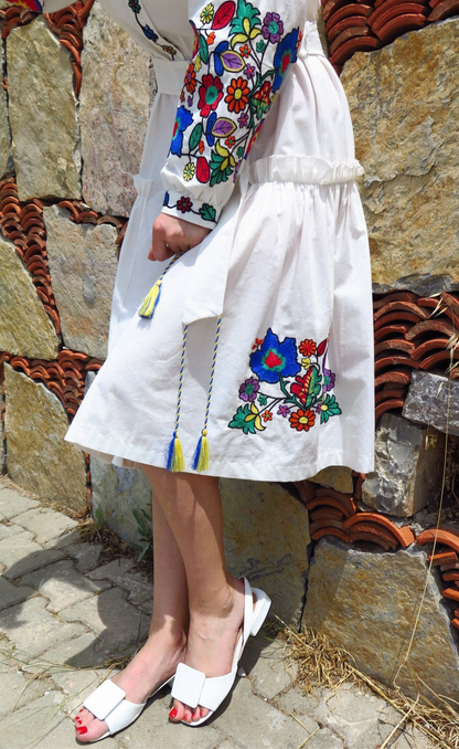 Dress with Belt “Kvіtana” — White Embroidered Midi Dress