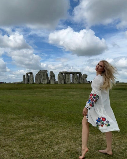 Dress with Belt “Kvіtana” — White Embroidered Midi Dress