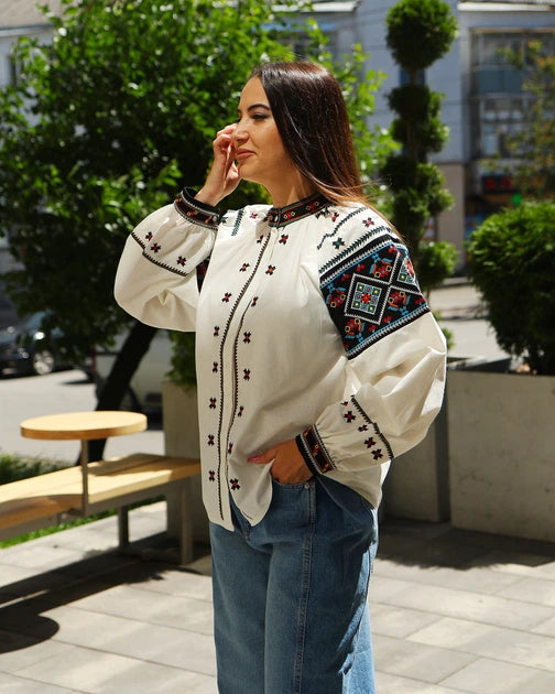Orysia Button-Up Embroidered Blouse | White Blouse with Black Embroidered Panels | Goya Concept