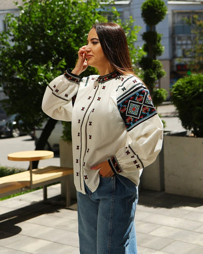 Orysia Button-Up Embroidered Blouse | White Blouse with Black Embroidered Panels | Goya Concept