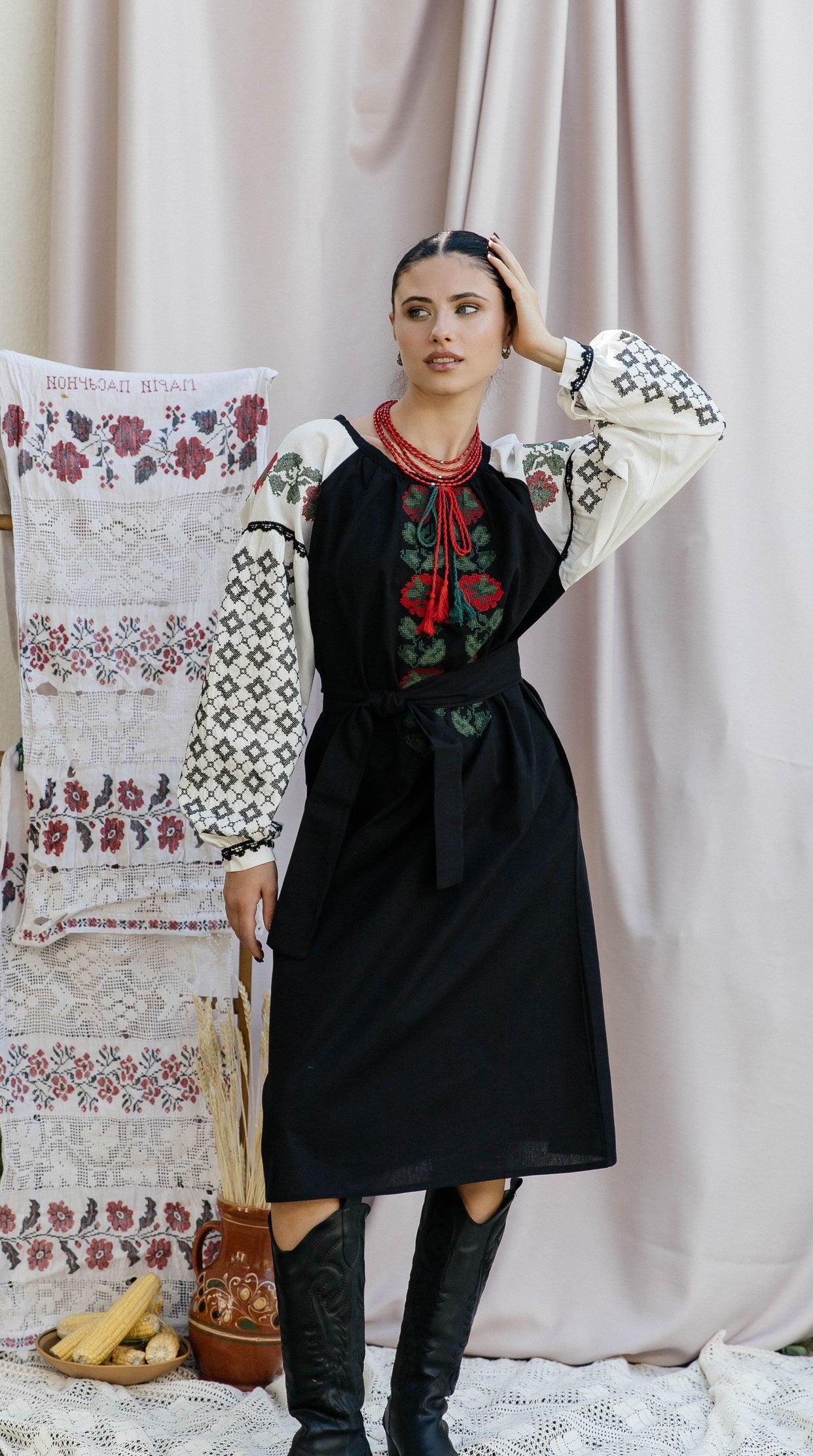 Chorna Ruzha Black Embroidered Midi Dress with Roses