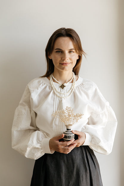White Embroidered Blouse “Lileya” with Voluminous Sleeves and Vertical Pleated Panel