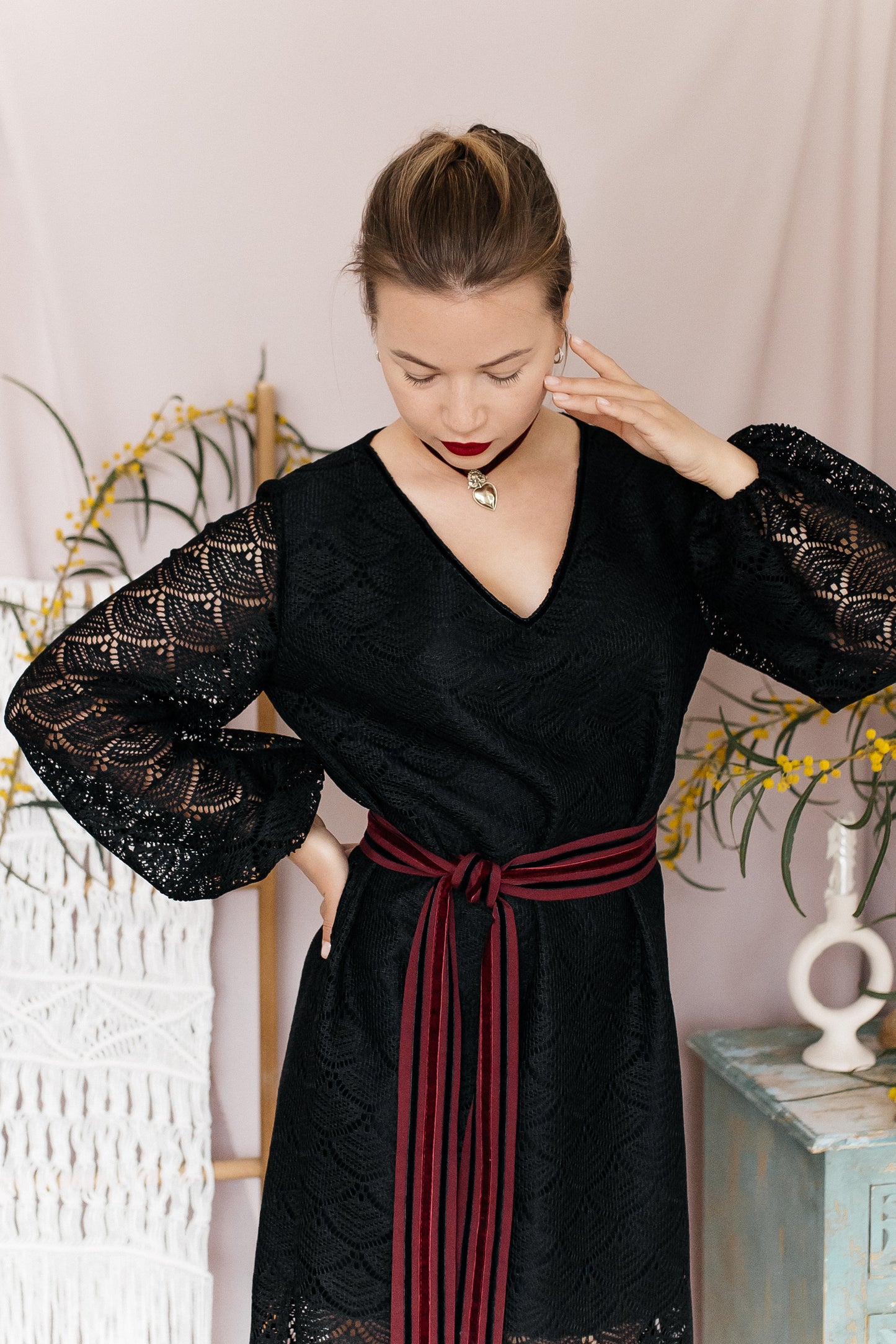 Black Maxi Dress “Lybid” in Textured Lace Fabric