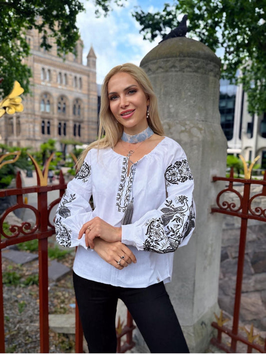 Modern Vyshyvanka “Firebird” – White Cotton Ukrainian Embroidered Shirt for Women