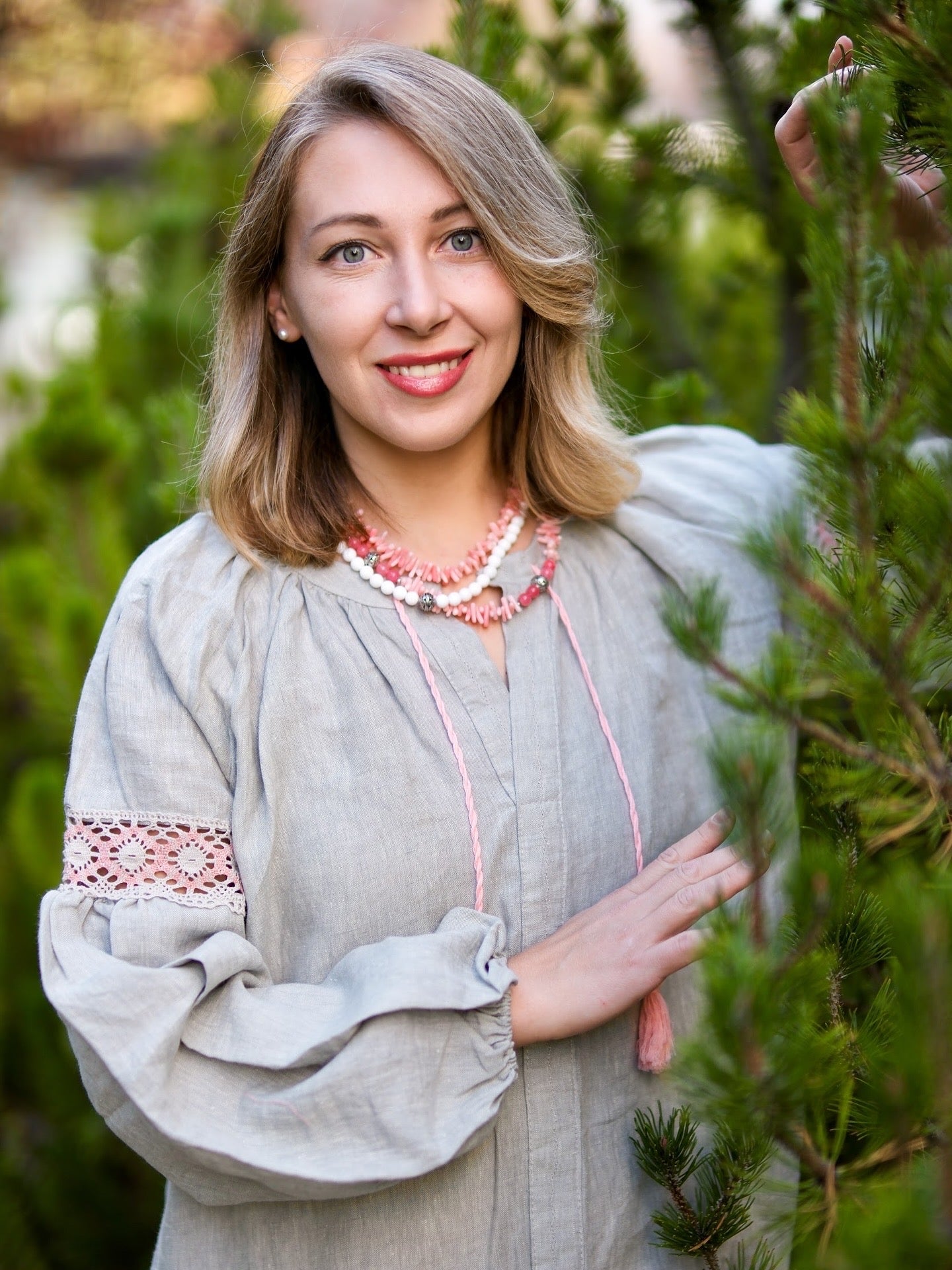 Gentle Dawn Boho Linen Dress in Sage Grey | Long Linen Dress with Lace Details