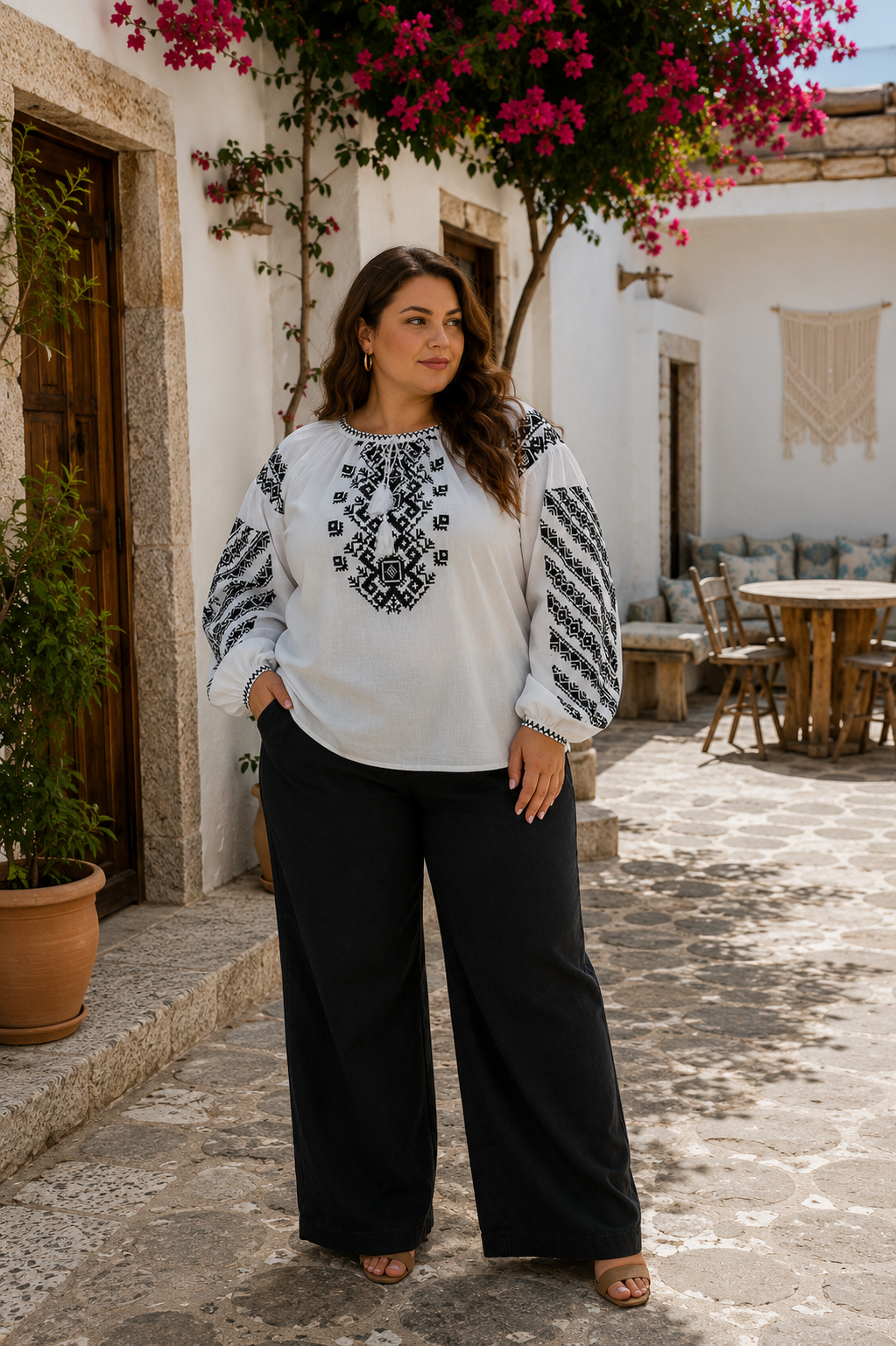 Bazhena Embroidered Linen Blouse — Black Geometric Embroidery
