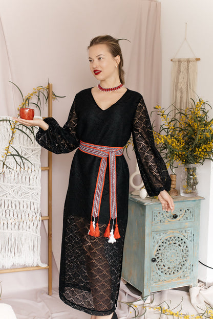 Sash Belt “Red Weave” — Ethnic Waist Belt with Woven Ribbon and Handmade Tassels