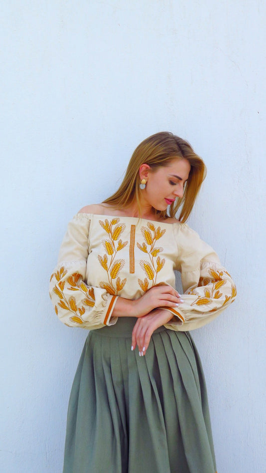 Women’s Linen Blouse with Off-Shoulder Cut “Kolosia” | Embroidered Blouse with Wheat Motif