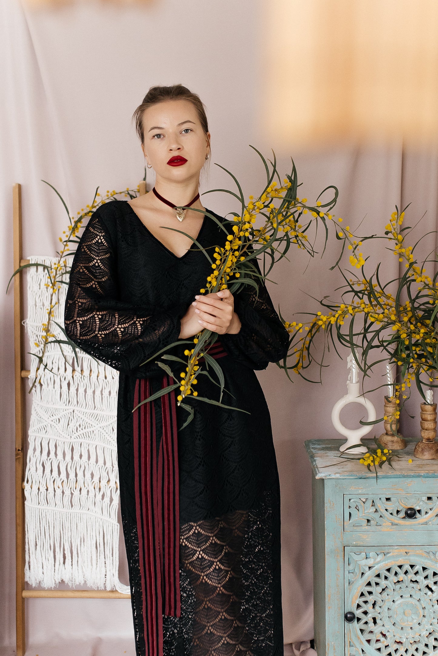 Black Maxi Dress “Lybid” in Textured Lace Fabric