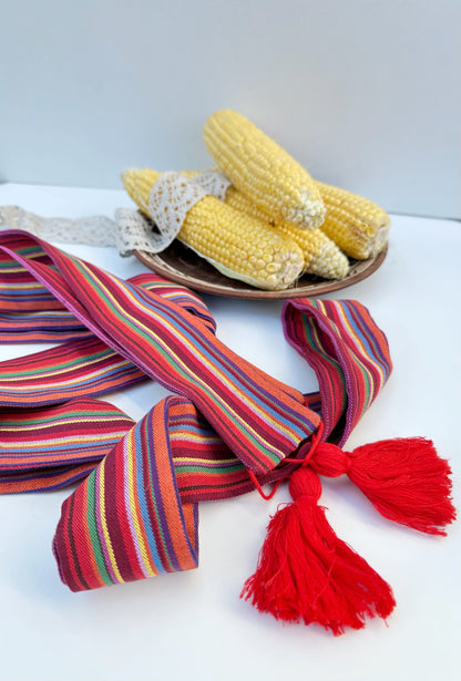 Ukrainian sash “Barvysta” | Ethno striped belt with red tassels