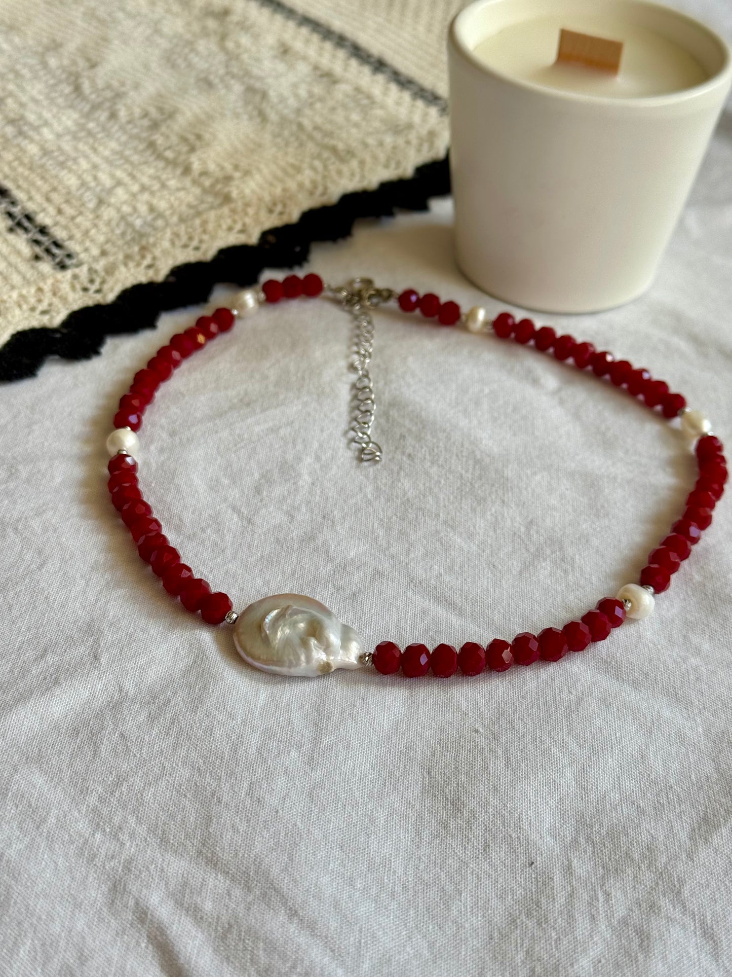 Rubina – Red Crystal Choker with Baroque Pearl | Elegant Minimalist Necklace