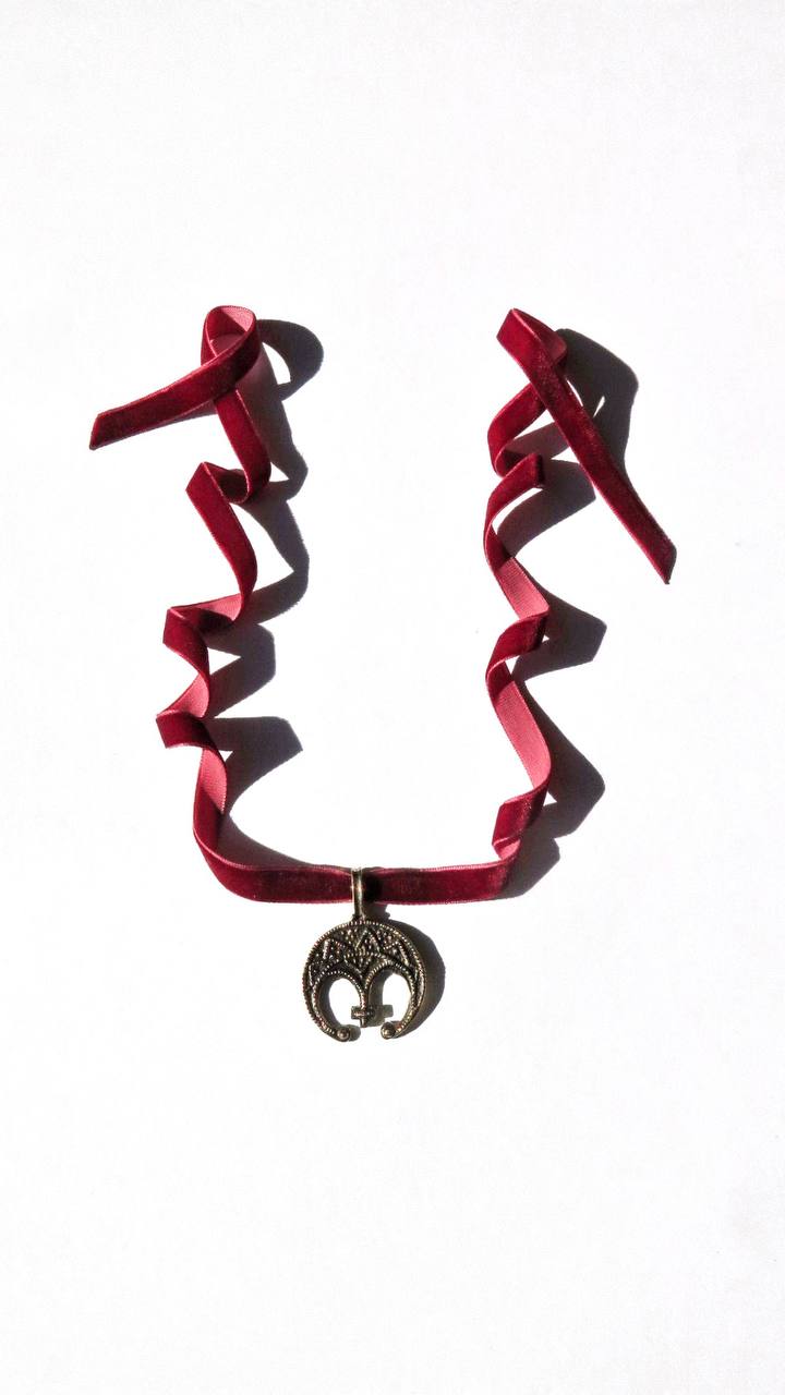 Zgarda “Lunnytsia” – Brass Pendant with Blackened Finish on Velvet Ribbon | Ethnic Jewelry from Ukraine