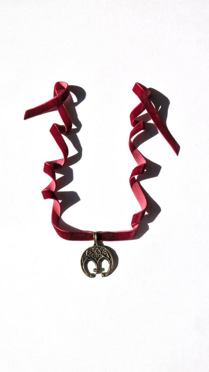 Zgarda “Lunnytsia” – Brass Pendant with Blackened Finish on Velvet Ribbon | Ethnic Jewelry from Ukraine