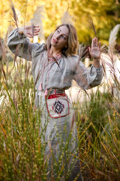 Ладунка “Жива Лінія” – Бежева Льняна Поясна Сумка з Вибійкою та Оксамитовою Стрічкою