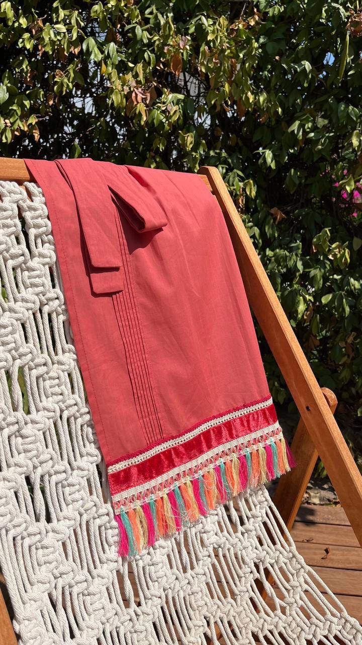 Vintage apron with Tassels "Coral Flower"